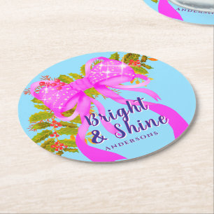Dessous De Verre Rond Ruban rose brillant Noël bleu