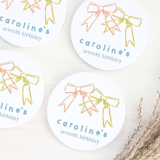Dessous De Verre Rond Rubans et vaches Filles Anniversaire de fête (Ribbons and Bows watercolor birthday party coasters.)