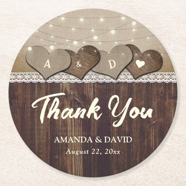 Dessous De Verre Rond Rustic Country Wood Heart Mariage Monogramme (Devant)