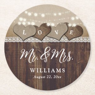 Dessous De Verre Rond Rustic Country Wood M. et Mme Mariage
