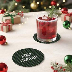 Dessous De Verre Rond Rustic Green & Black Buffalo Plaid Joyeux Noël