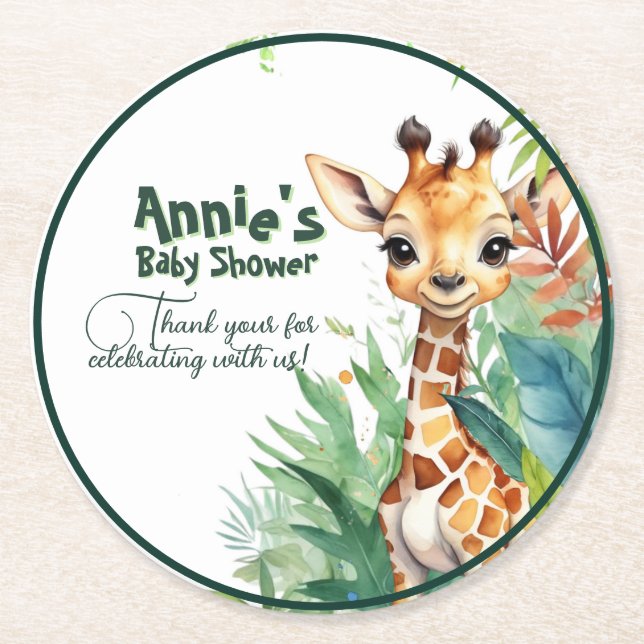 Dessous De Verre Rond Safari Giraffe Baby shower vert (Devant)