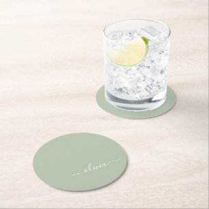 Dessous De Verre Rond Sage Green Minimaliste Moderne Monogramme Élégant