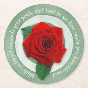 Dessous De Verre Rond Sage Vert avec Citation Inspirante de Rose Rouge