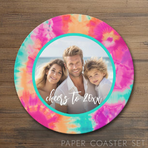 Dessous De Verre Rond Salutations au Nouvel An Cravate-Dye Photo Turquoi