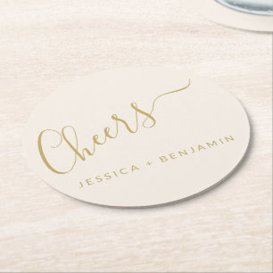 Dessous De Verre Rond Salutations minimaliste Ecru et Gold Custom Weddin