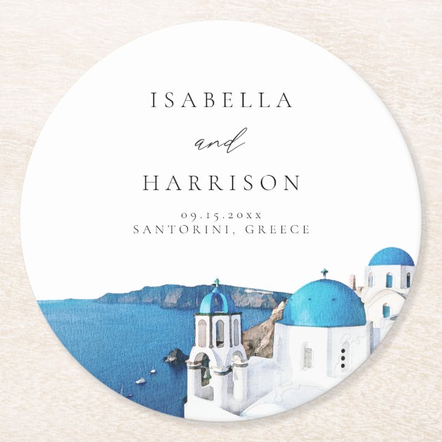 Dessous De Verre Rond SANTORINI GRÈCE Ciel aquarelle Destination (Devant)