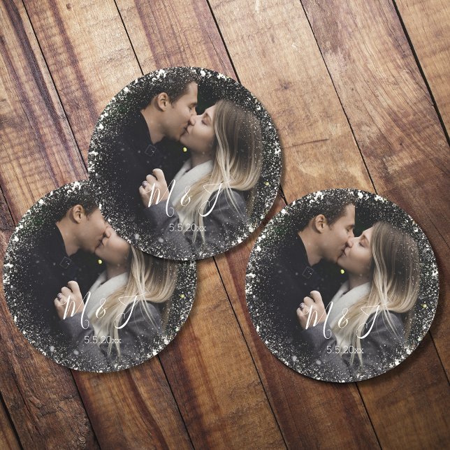Dessous De Verre Rond sauver la date étincelles blanches photo de couple (Créateur téléchargé)