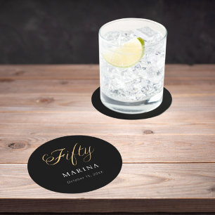 Dessous De Verre Rond Script de nom en or noir 50e anniversaire