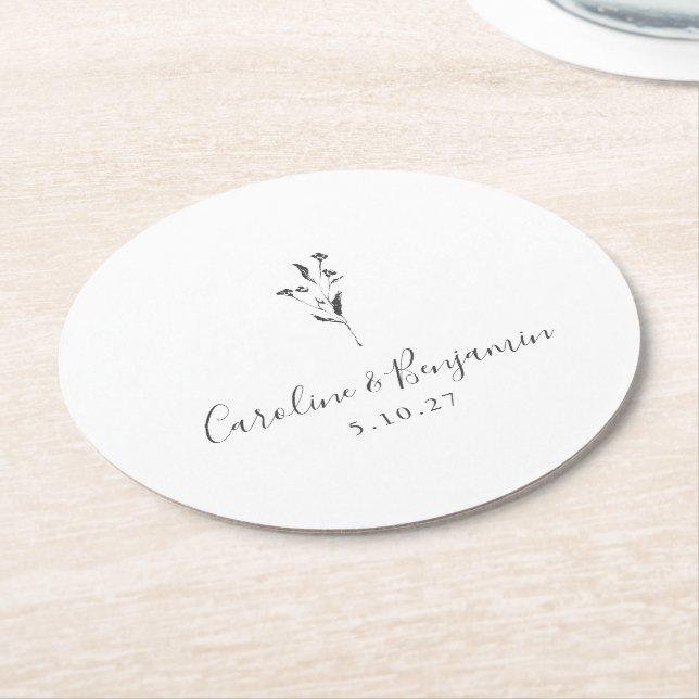 Dessous De Verre Rond Script floral simple Mariage Boho blanc personnali (Incliné)