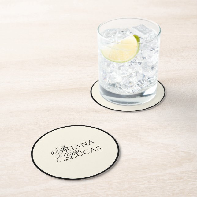 Dessous De Verre Rond Script minimaliste moderne Mariage noir et blanc (En situation)