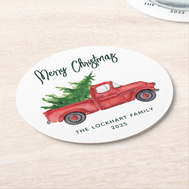 Dessous De Verre Rond Script moderne Noël Red Truck Holiday Custom (Incliné)