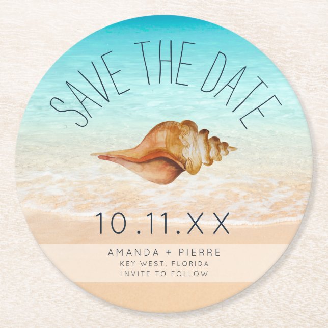 Dessous De Verre Rond Seashell Beach Wedding Enregistrer la date (Devant)