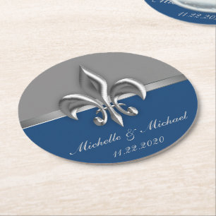 Dessous De Verre Rond Silver Fleur de Lis bleu