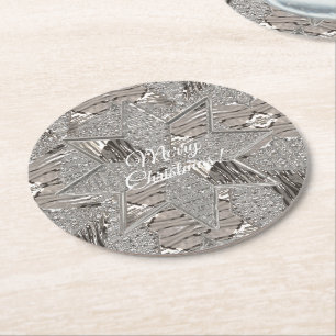 Dessous De Verre Rond Silver Grey Star Joyeux Noël ou votre texte