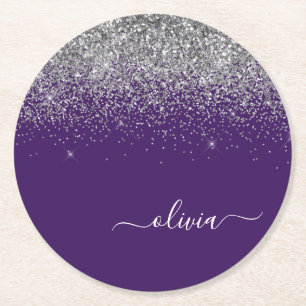 Dessous De Verre Rond Silver Purple Parties scintillant Girl Monogramme 