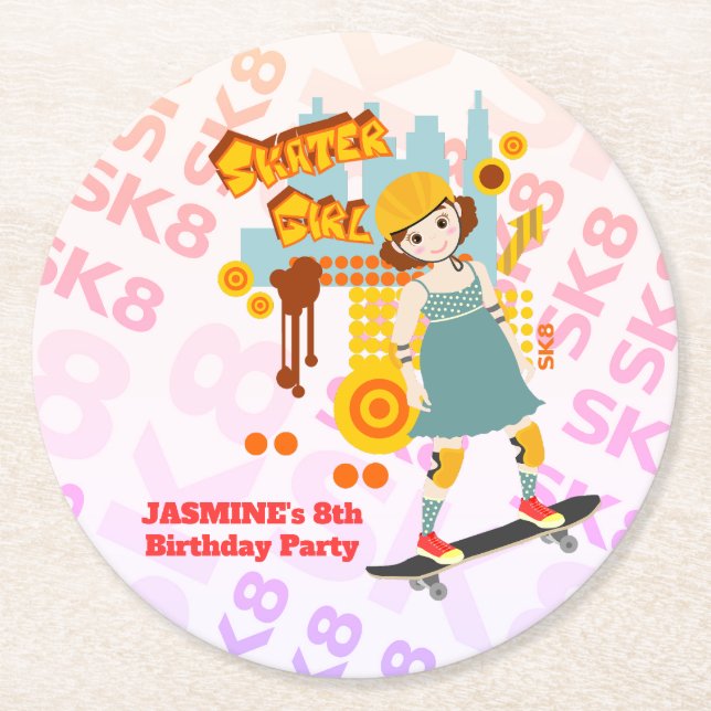 Dessous De Verre Rond Skater Park Fun Girl Birthday Party (Devant)