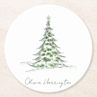 Dessous De Verre Rond Sketch Pine sapin de Noël Nom du script minimal