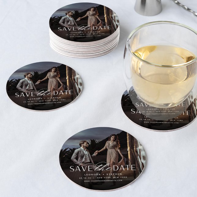 Dessous De Verre Rond Smooth Script | Photo Save the Date (Créateur téléchargé)