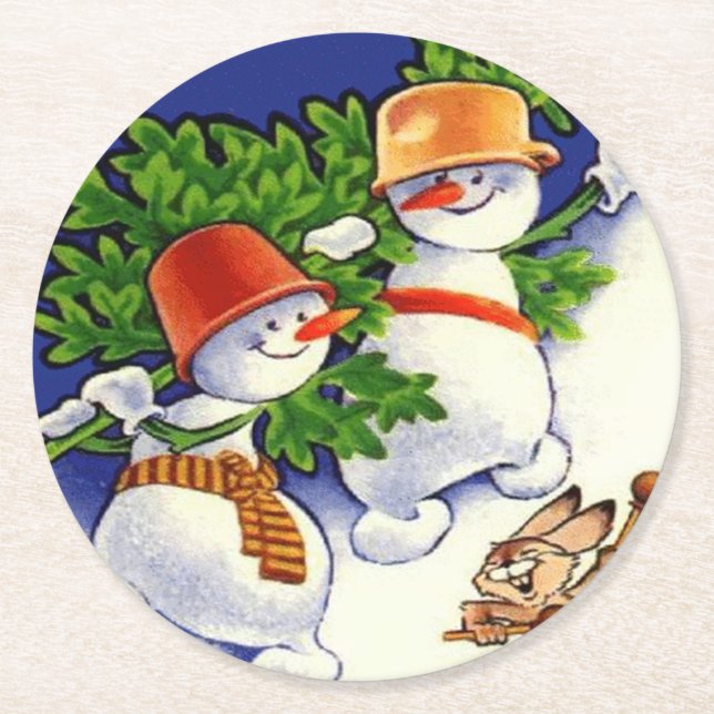 Dessous De Verre Rond Snowmen Arbre de Noël Drumbit Rabbit (Devant)