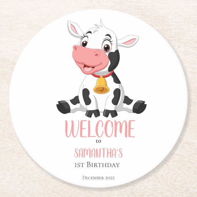 Dessous De Verre Rond Soirée d'anniversaire de la vache caricaturale (Devant)