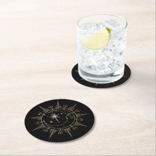 Dessous De Verre Rond Soleil et Lune Stars Celestin Faux Gold Black