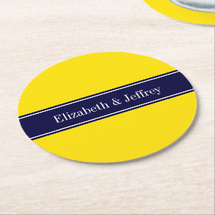 Dessous De Verre Rond Solid Yellow, Navy Blue Ribbon Monogram