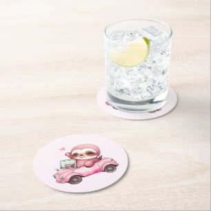 Dessous De Verre Rond Sourire rose Sloth conduisant une convertible