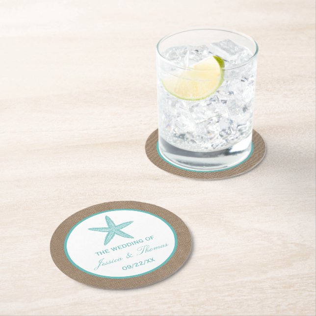 Dessous De Verre Rond Starfish Turquoise Burlap Beach Wedding Collection (En situation)