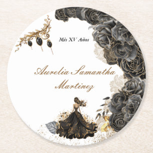 Dessous De Verre Rond Sticker Quinceañera noir et or