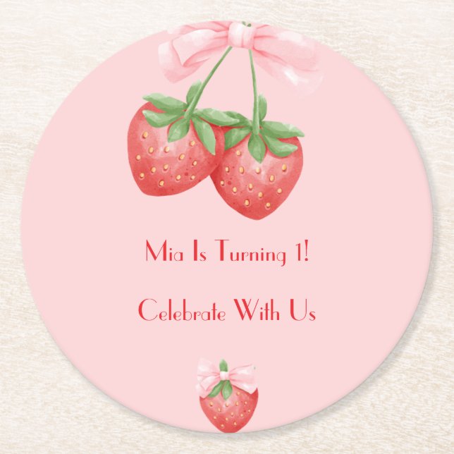 DESSOUS DE VERRE ROND STRAWBERRIES PINK BOW BIRTHDAY  (Devant)