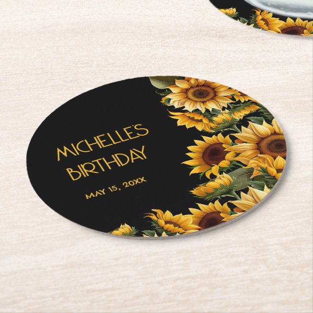 Dessous De Verre Rond Sunflower Black Rustic Nom élégant Anniversaire (Incliné)