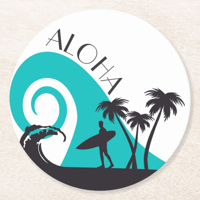 Dessous De Verre Rond Surf moderne Aloha et palmiers (Devant)