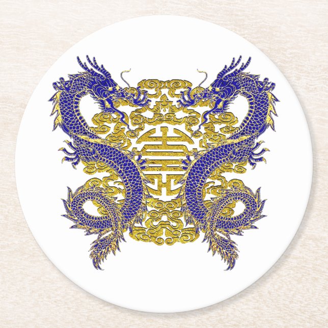 Dessous De Verre Rond Symbole chinois pour la longévité et les dragons (Devant)