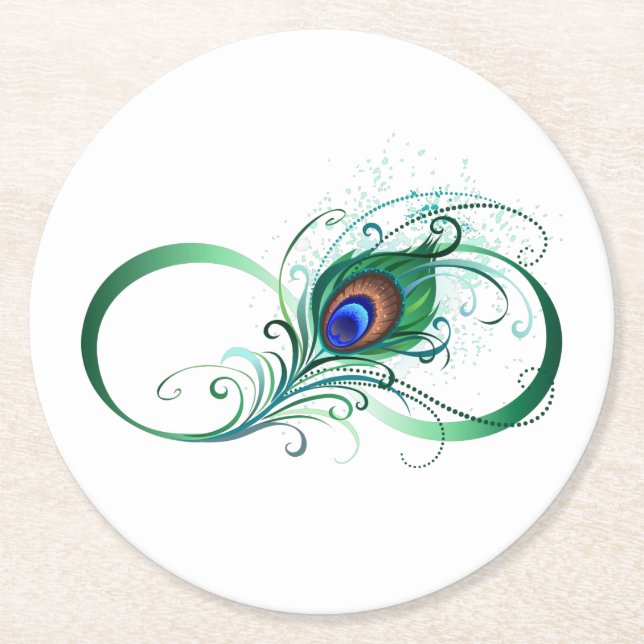 Dessous De Verre Rond Symbole d'infini avec plume de paon (Devant)