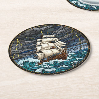 Dessous De Verre Rond Tapisserie de navire vintage, mer démontée, nautiq