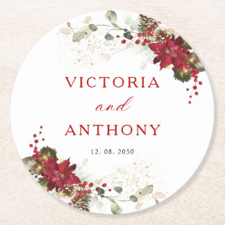 Dessous De Verre Rond Tapisserie de Noël Rouge Floral Rond de Mariage