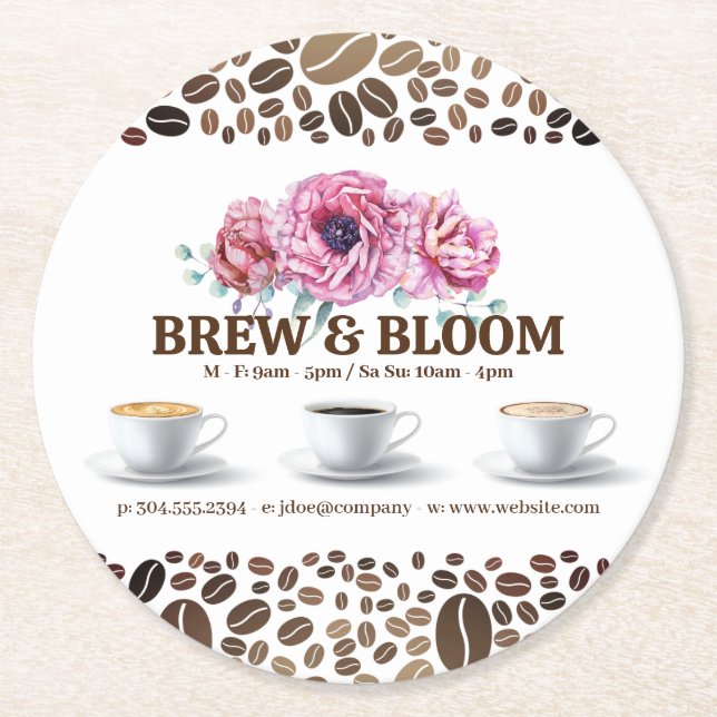 Dessous De Verre Rond Tasses à café et fleurs (Devant)