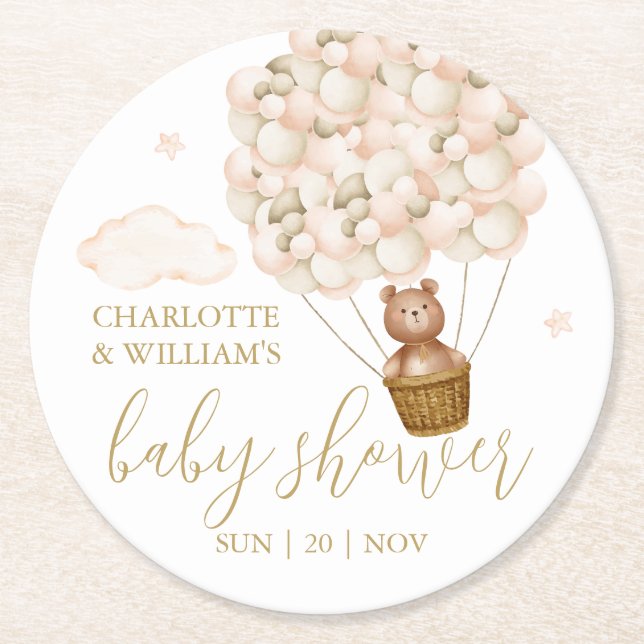 Dessous De Verre Rond Teddy Bear Gold Balloons Girl Baby shower (Devant)