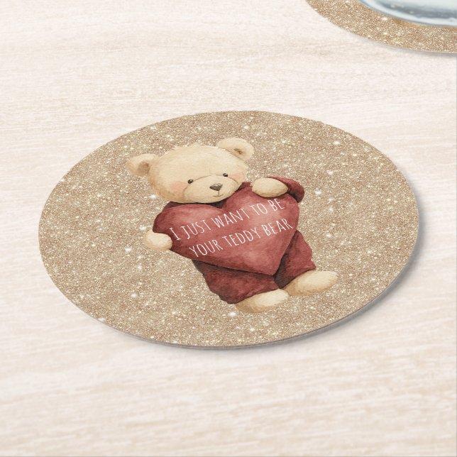 Dessous De Verre Rond Teddy Bear Red Heart Gold Glitter (Incliné)