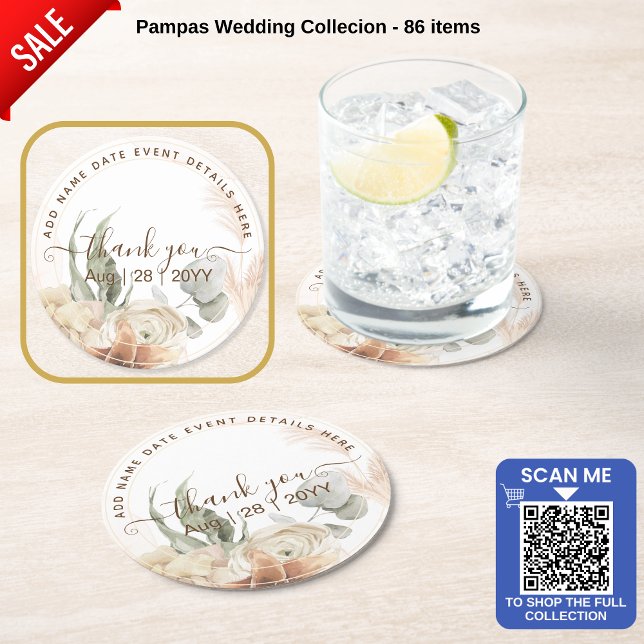Dessous De Verre Rond Tendance Terre Cuite Herbe de Pampas Mariage (Créateur téléchargé)