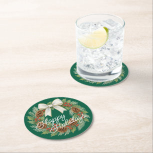 Dessous De Verre Rond Terrain Décembre Classé Avec Vacances Bow Blanc