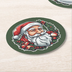 Dessous De Verre Rond Tête de Père Noël avec couronne -