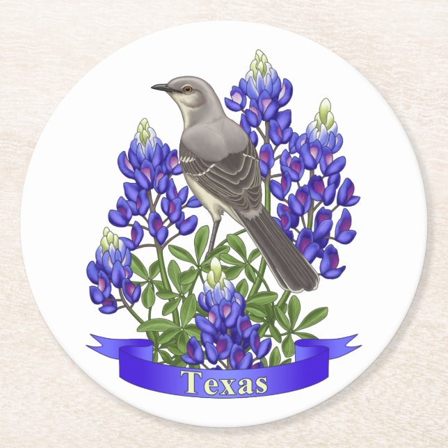 Dessous De Verre Rond Texas State Mockingbird & Bluebonnet Flower (Devant)