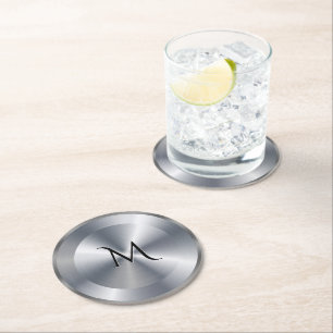Dessous De Verre Rond Texture argent métallisé monogramme personnalisé