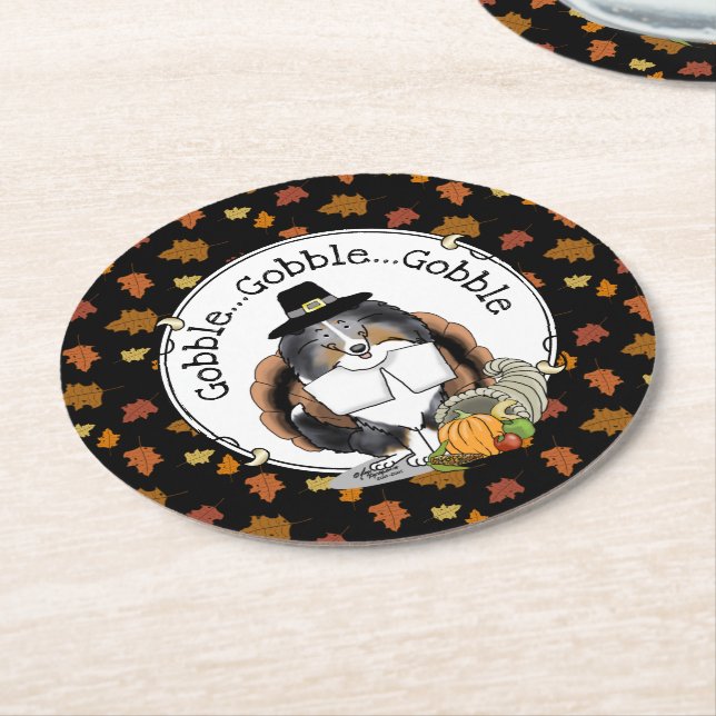 Dessous De Verre Rond Thanksgiving Shetland Sheepdog (merle bleu) Drôle (Incliné)