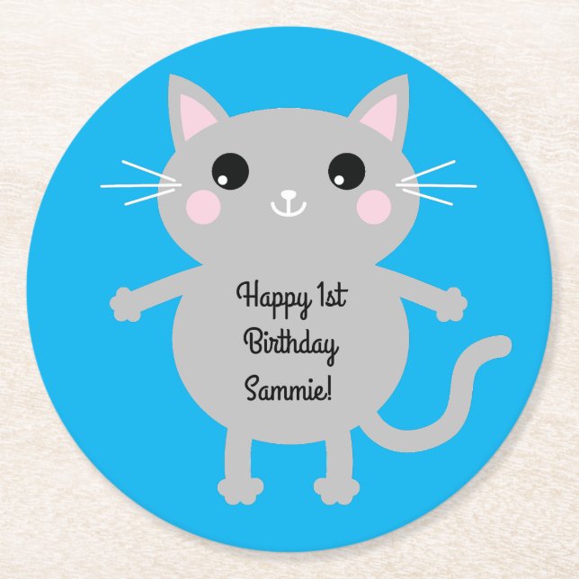 Dessous De Verre Rond Thème de fête d'anniversaire de Cat Cute Kitty (Devant)
