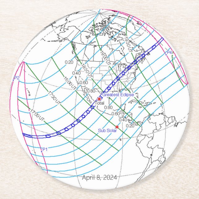 Dessous De Verre Rond Total Solaire Eclipse 2024 Global Path (Devant)