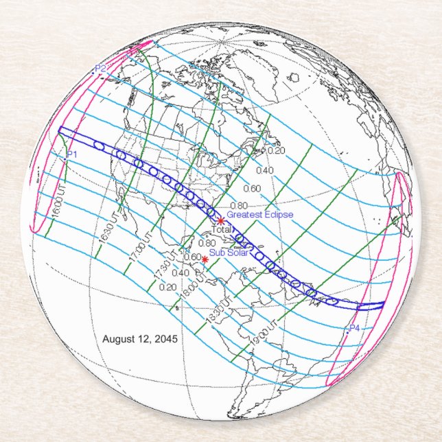 Dessous De Verre Rond Total Solaire Eclipse 2045 Global Path (Devant)