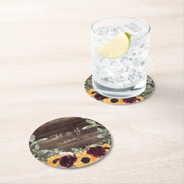 Dessous De Verre Rond Tournesol Roses Grange bois Monogramme Mariage (En situation)